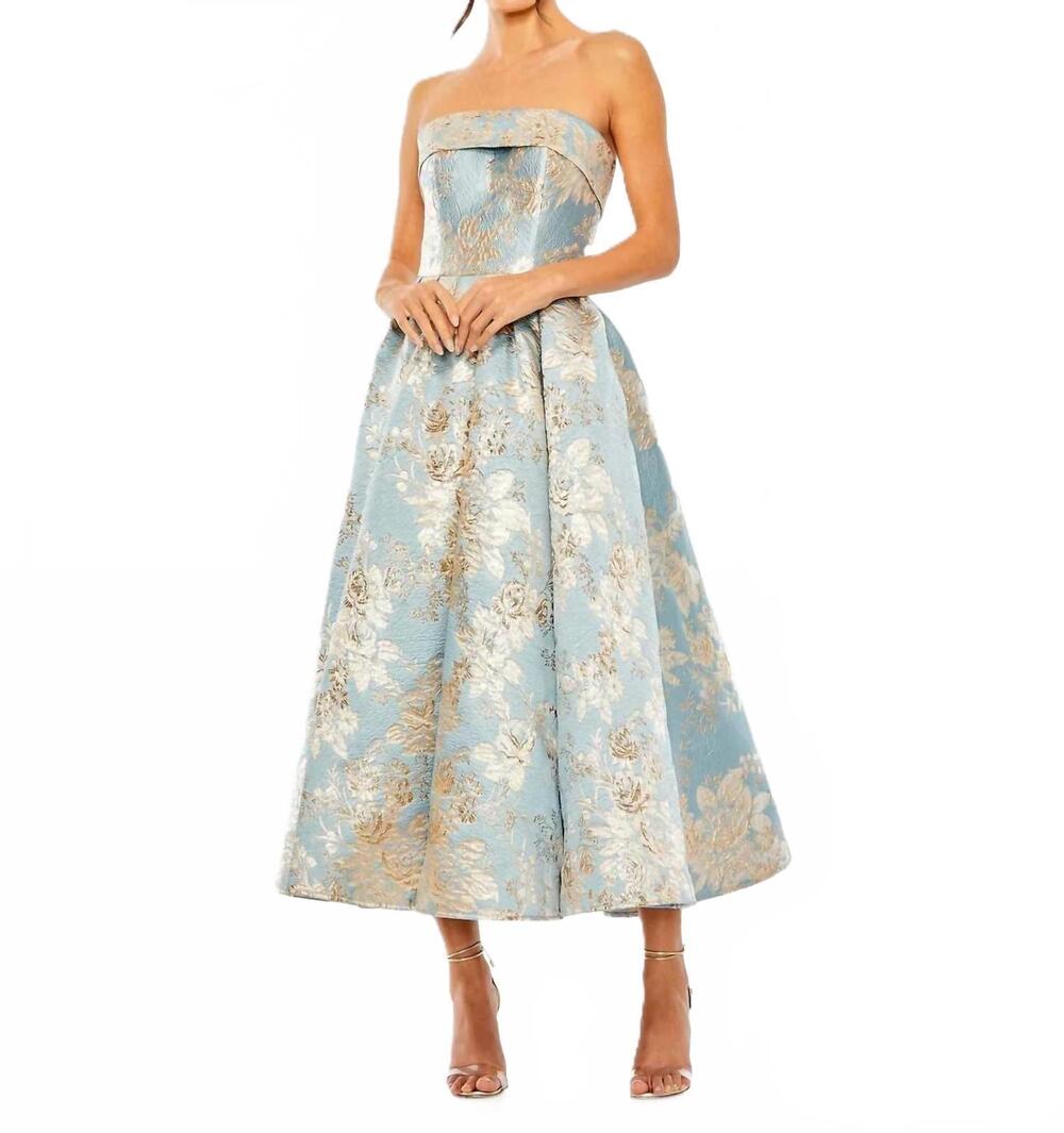 NEW MAC DUGGAL strapless brocade midi dress in blue multi
